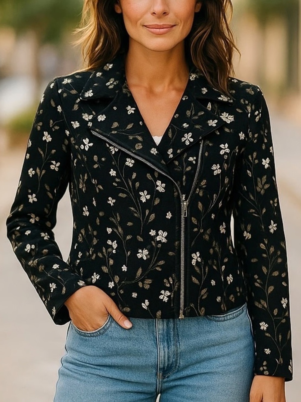 LOFT Black Floral Moto Bomber Jacket, SZ 0 LIKE NEW